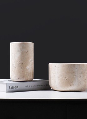 侘寂风黄洞石花瓶高级感复古软装样板房玄关桌面装饰摆件家居饰品