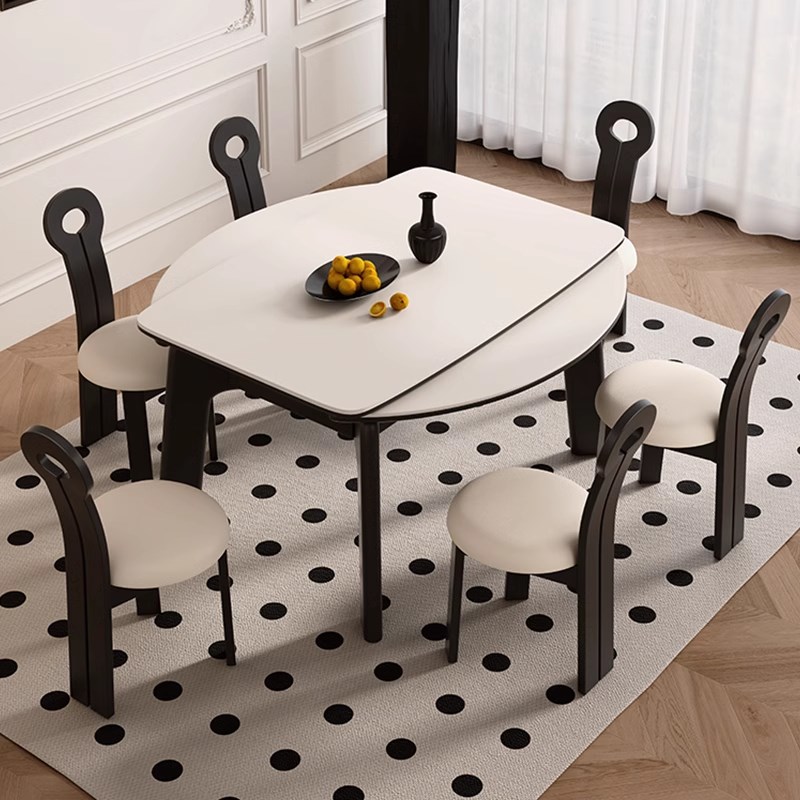 奶油风岩板复古实木餐桌椅小户型餐厅方圆两用饭桌可伸缩