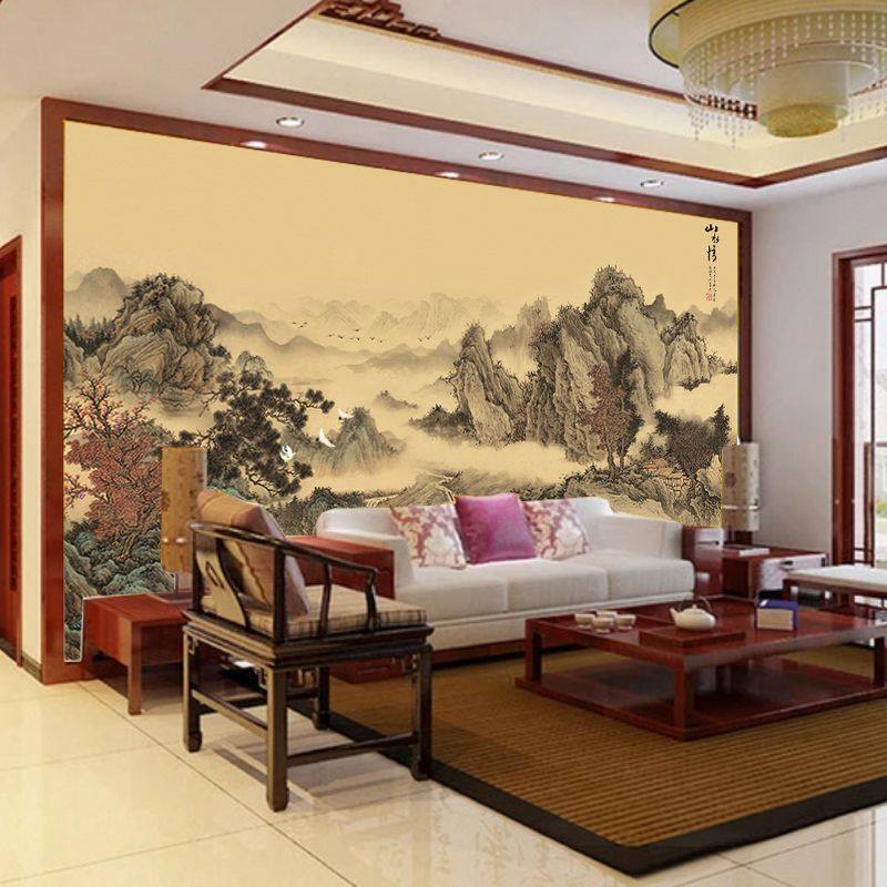 复古典山水建筑墙纸茶室卧室客厅墙布民宿背景墙装饰养生馆壁纸,家装主材,定制壁画,淘宝优惠券,粉丝福利购,淘宝优惠卷