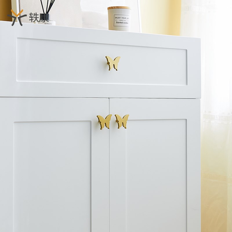 轶康创意黄铜拉手蝴蝶田园风铜拉丝衣柜抽屉儿童房斗柜金色小把手