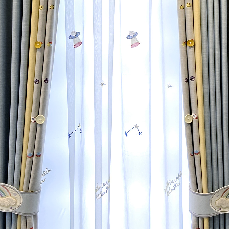 儿童房男孩卡通窗帘2022年新款卧室刺绣飘窗遮光窗纱宇宙探索