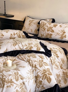 沉浸浪漫复古法式加厚四件黑色荷叶边冬天法莱绒.m笠