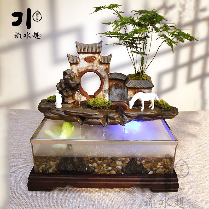 流水趣 招财循环流水鱼缸造景客厅盆景乔迁加湿器创意假