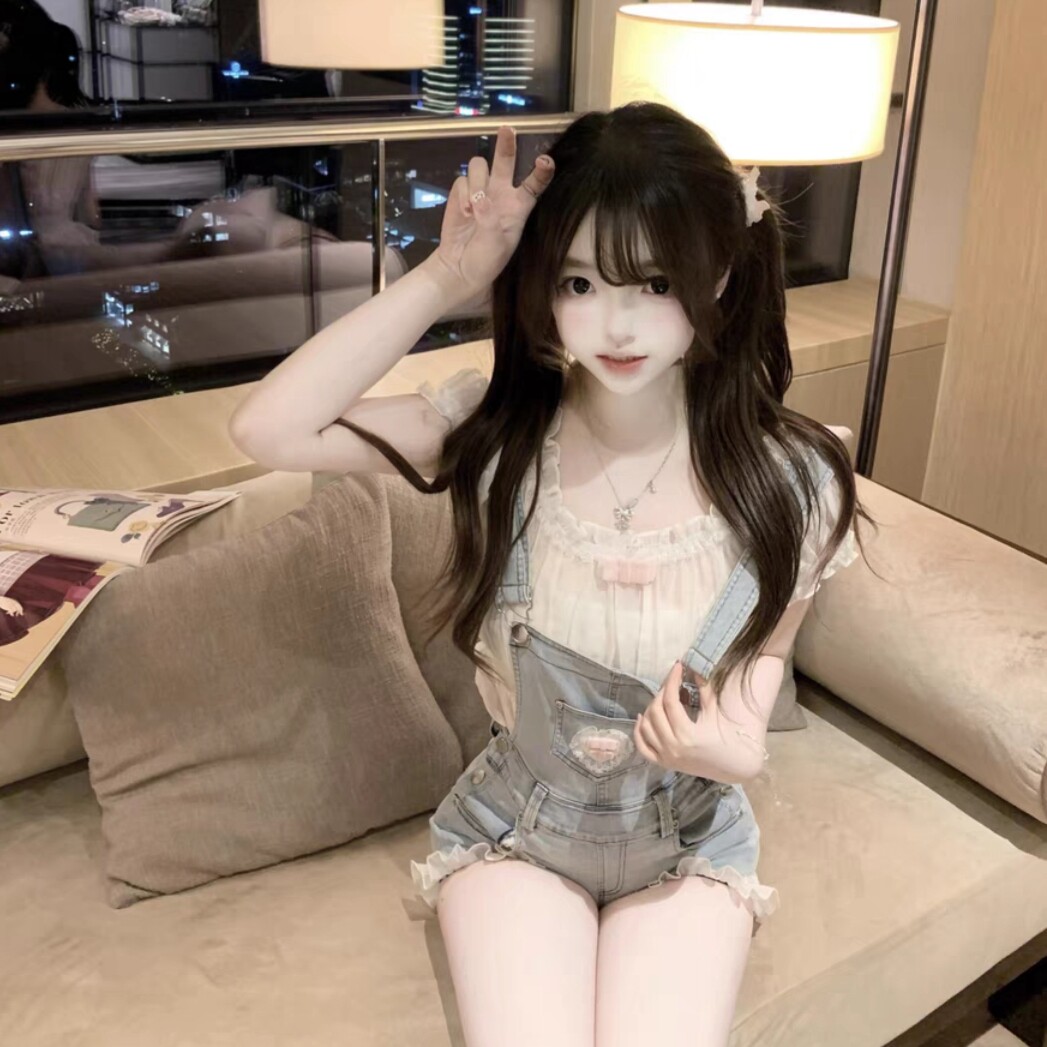 俏皮活泼小个子牛仔背带裤套装女夏季新款雪纺上衣连体短裤两件套