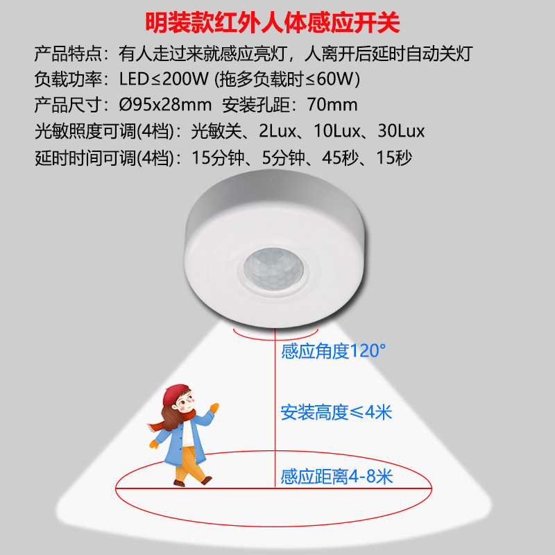 体感应关吸顶明装楼道智能延时光控灯具红外线传感器