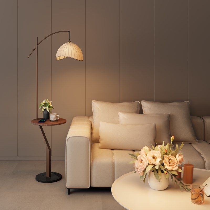 中古风客厅沙发边几落地灯复古风胡桃木色卧室床头柜置物一体台灯