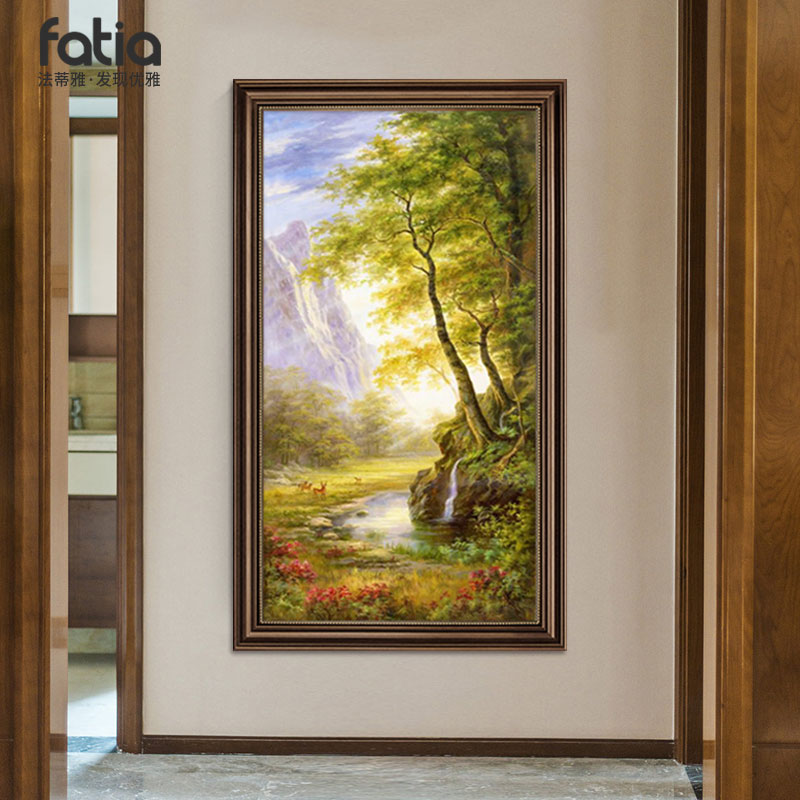 美式入户玄关装饰画聚宝盆竖版油画手绘风景挂画欧式客厅走廊壁画图片