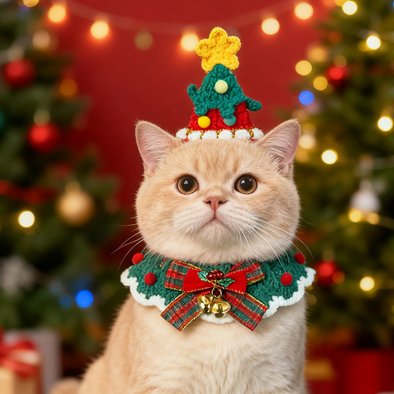 圣诞节猫咪围脖狗狗项圈手工编织围巾口水巾节日装扮配饰宠物围兜