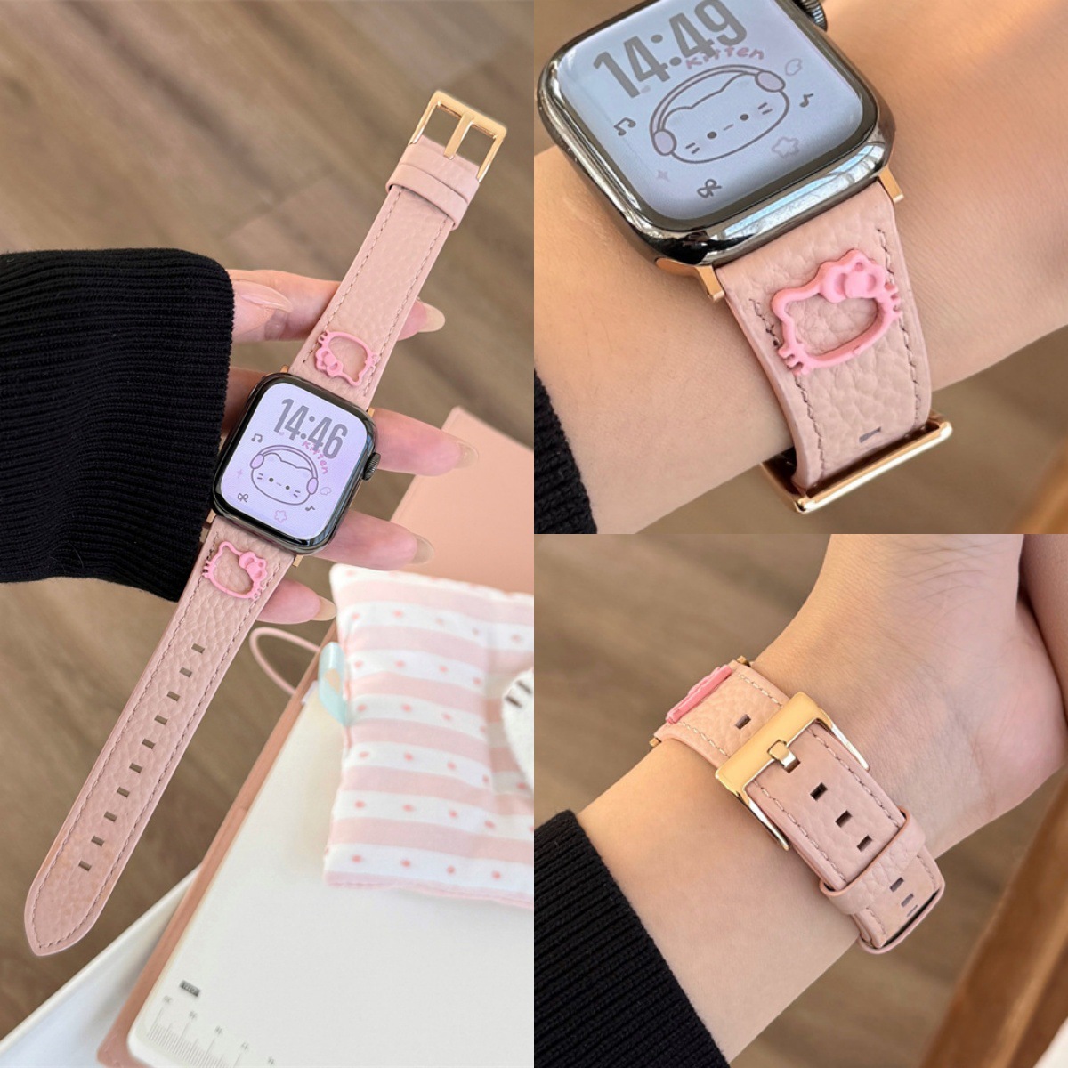 【温柔小香风】适用applewatchS11小羊皮柔软舒适S10表带kt猫荔枝纹苹果手表皮表带iwatchs98765代秋冬腕带女