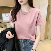 夏季 上衣ins 宽松圆领洋气百搭休闲宽松纯色短袖 时尚 纯棉T恤女韩版