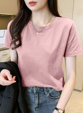 夏季时尚纯棉T恤女韩版宽松圆领洋气百搭休闲宽松纯色短袖上衣ins