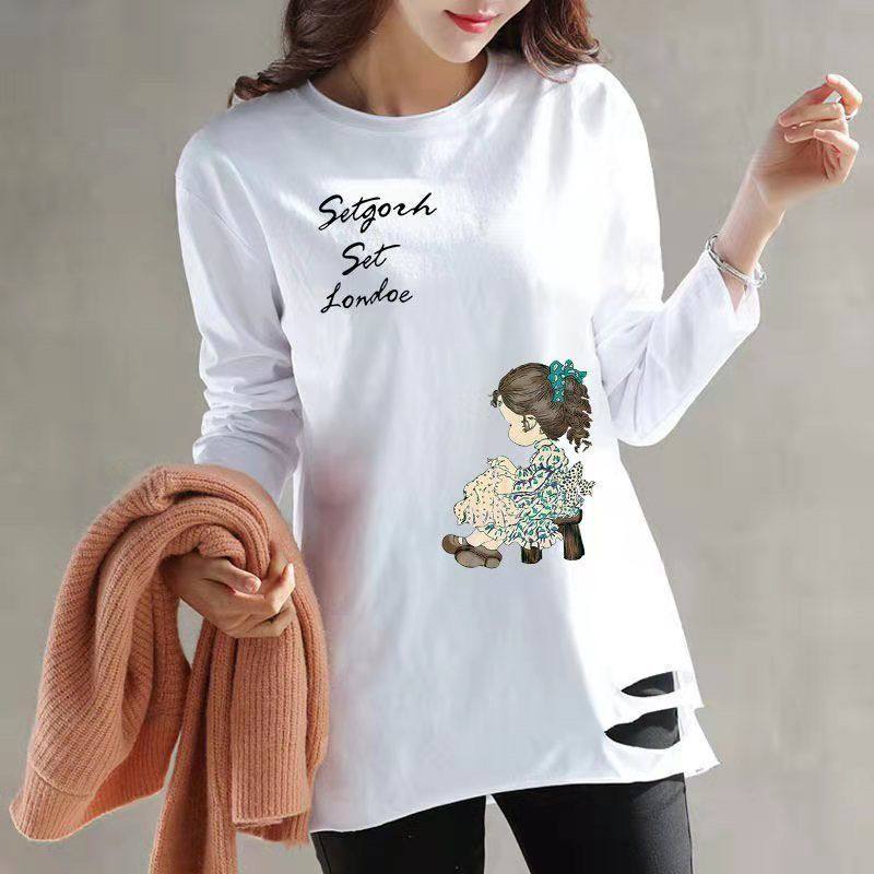 随机印花   春秋季纯棉女士t恤长袖打底衫潮流洋气宽松中长款上衣