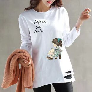 潮流洋气宽松中长款 随机印花 打底衫 纯棉女士t恤长袖 上衣 春秋季