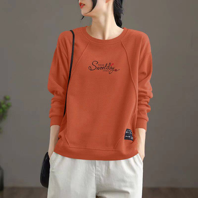 时尚薄款珠地棉长袖卫衣女秋冬季休闲百搭圆领洋气大码印花上衣女