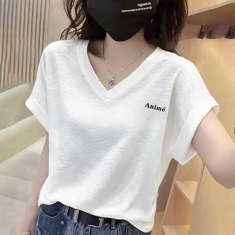 竹节棉V领大码显瘦短袖T恤女