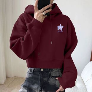 秋冬季加绒加厚卫衣女时尚爆款百搭显瘦简约高腰短款洋气连帽上衣