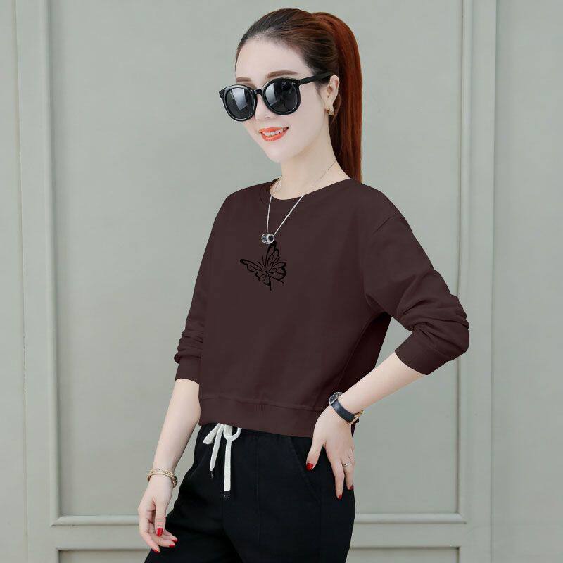 韩版纯棉短款小个子卫衣女秋冬款洋气休闲百搭显瘦不加绒印花上衣