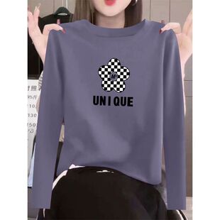 韩版纯棉长袖t恤女时尚春秋爆款简约圆领通勤百搭ins印花大码上衣