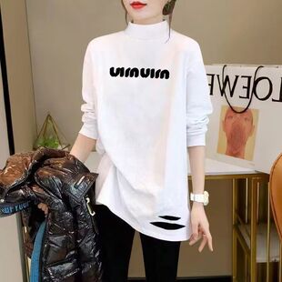 春秋季 打底衫 纯棉半高领长袖 潮流中长款 上衣 t恤女时尚 随机印花