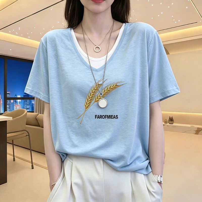 夏季竹节棉V领假两件短袖T恤女