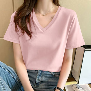 纯棉短袖t恤女夏季时尚休闲百搭简约纯色V领显瘦宽松设计感上衣女