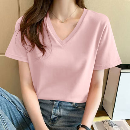 纯棉短袖t恤女夏季时尚休闲百搭简约纯色V领显瘦宽松设计感上衣女