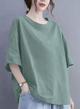 夏季时尚纯棉t恤女装短袖韩版洋气宽松ins圆领中长款纯色半袖上衣