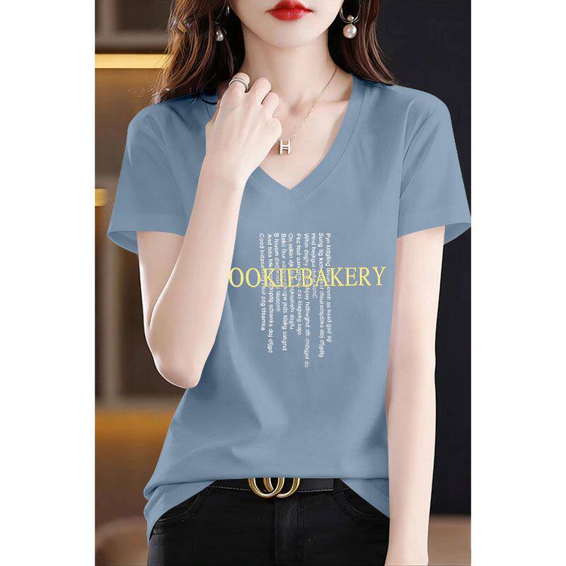 韩版纯棉印花短袖t恤女夏季爆款时尚通勤休闲减龄v领上衣女ins潮
