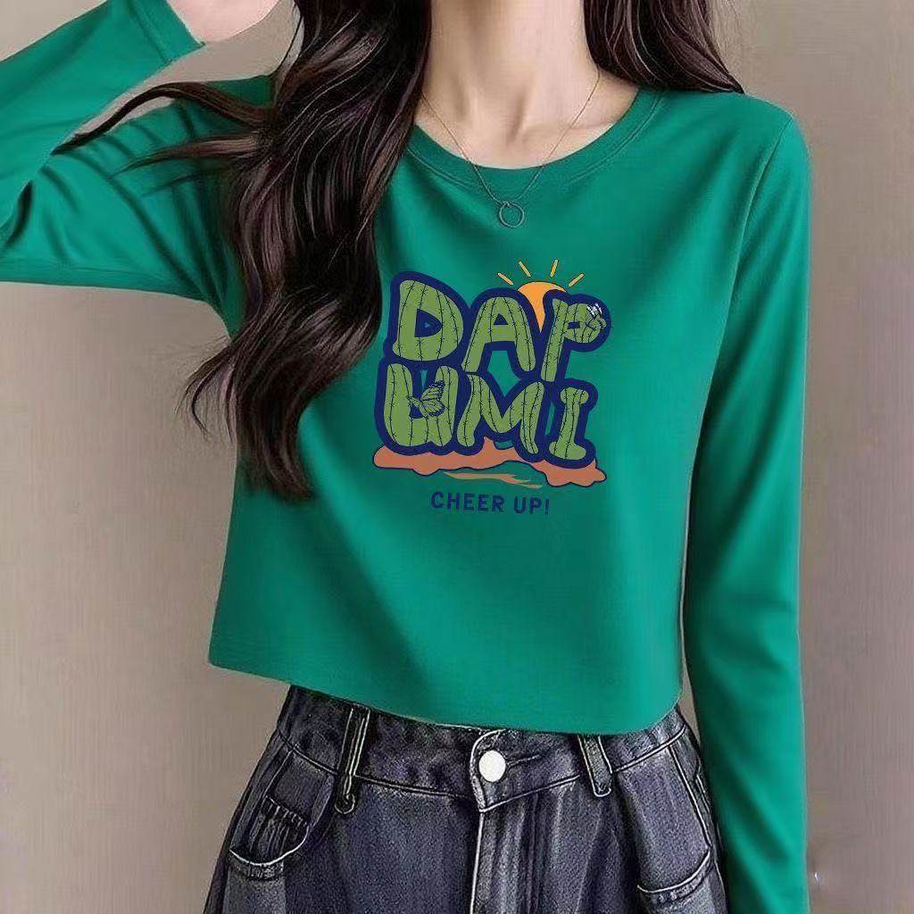 随机印花   春秋时尚纯棉长袖t恤女韩版洋气宽松小个子短款上衣女