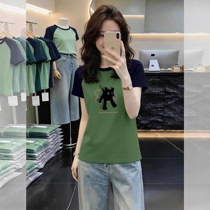 韩版纯棉拼接撞色短袖t恤女夏季