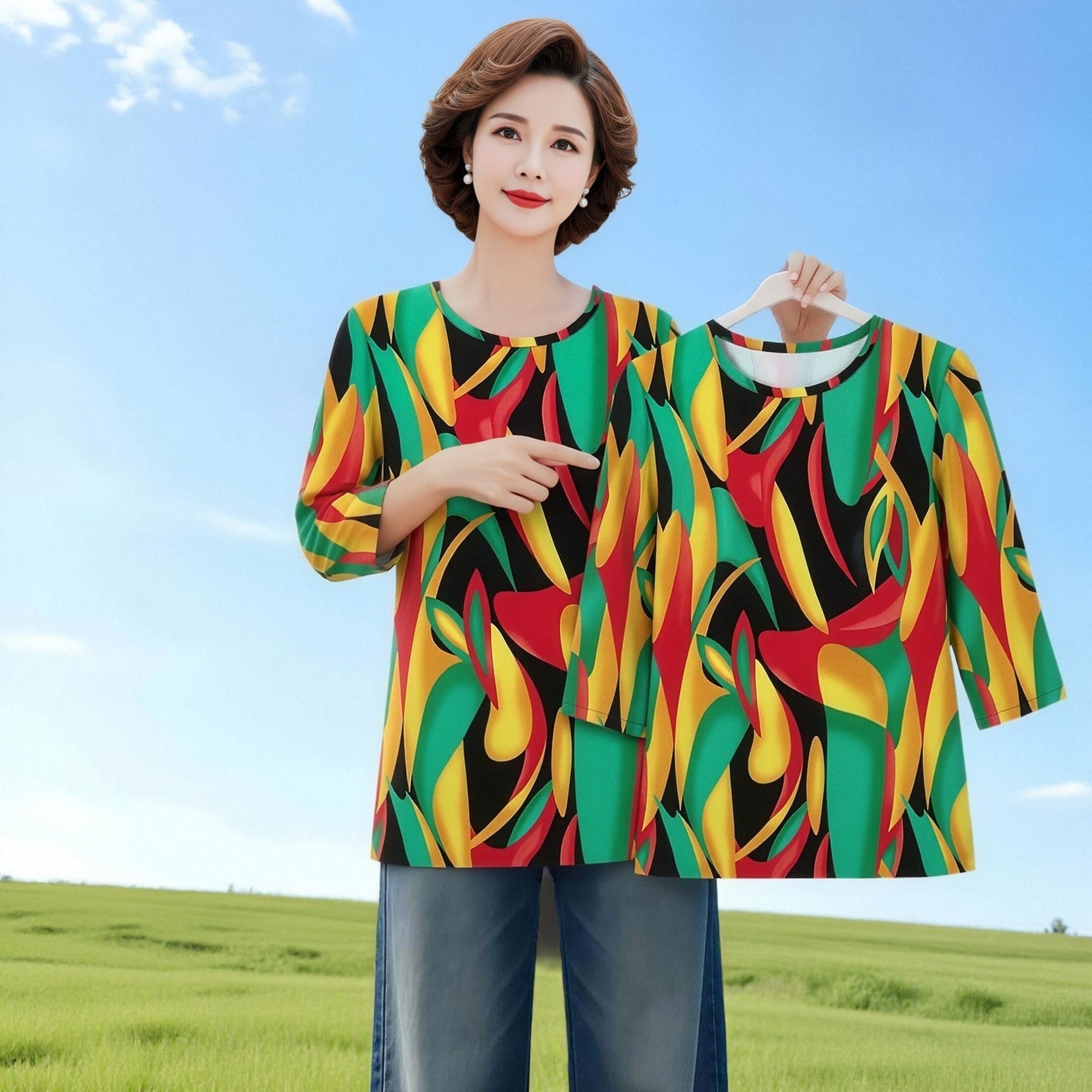夏季七分袖冰丝t恤女洋气上衣