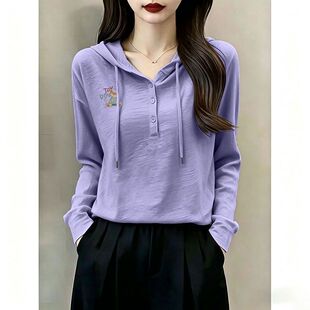 纯棉长袖大码T恤女2026秋季连帽百搭减龄韩版宽松洋气上衣体恤衫