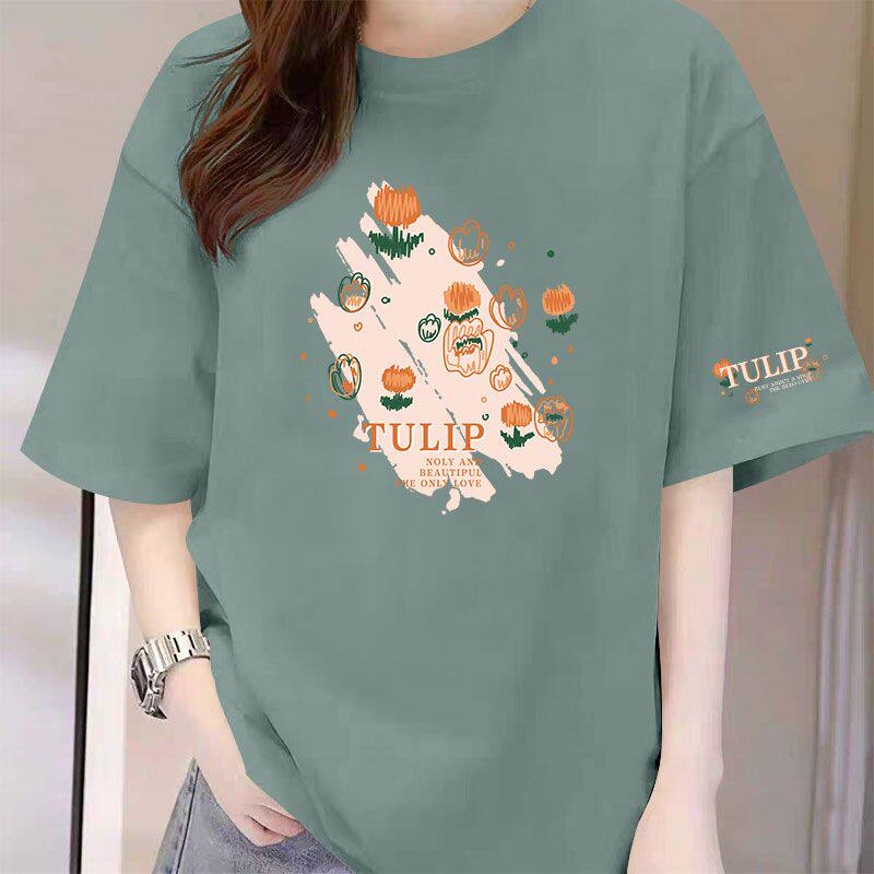 时尚中长款纯棉短袖t恤女夏季爆款ins印花休闲大码体恤衫女士上衣