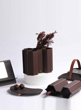 现代皮革托盘烛台样板间餐桌客厅酒店民宿桌面装饰摆放