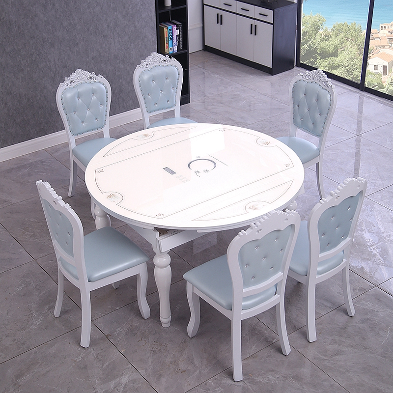 欧式餐桌椅组合简约现代小户型可伸缩折叠家用实木家用圆形饭桌子