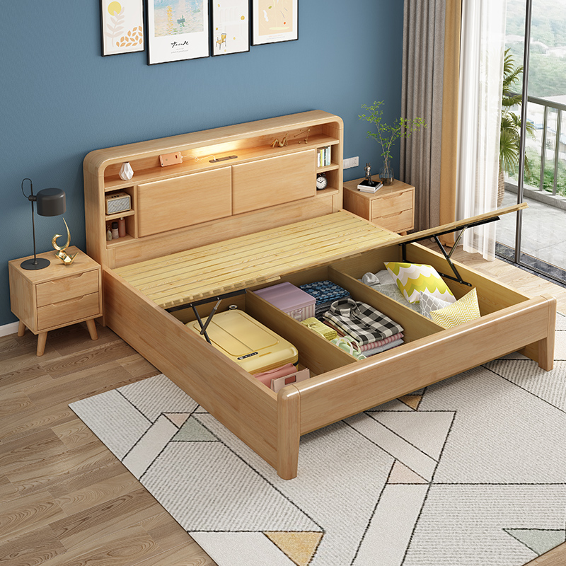 北欧实木床1.8软靠带夜灯双人大床1.5m现代简约小户型卧室储物床