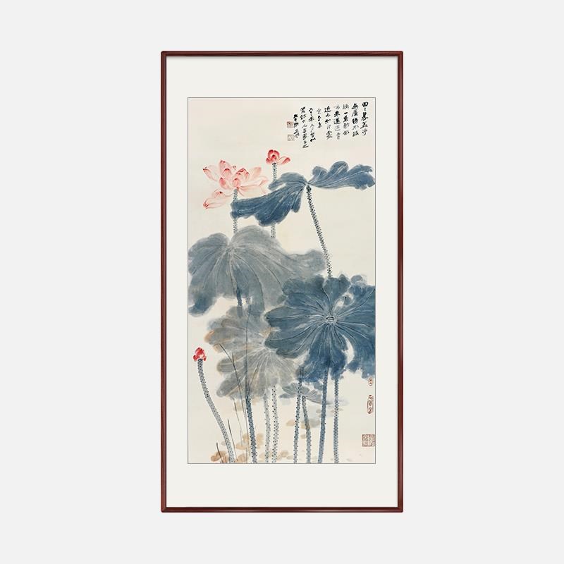 张大千荷花挂画客厅走廊过道竖版壁画中式入户玄关国画复古装饰画图片
