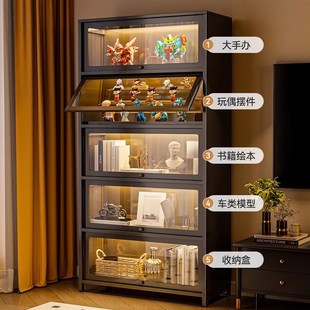 钢制书柜黑色手办展示柜透明玻璃门带灯储物柜谷子收纳柜痛柜书架