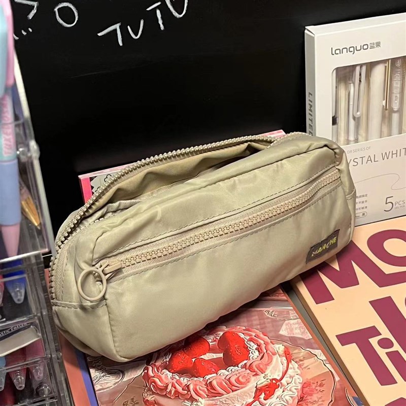 新款古早简约小众笔袋容量立体尼龙百搭文具盒敞开多功能学生文具