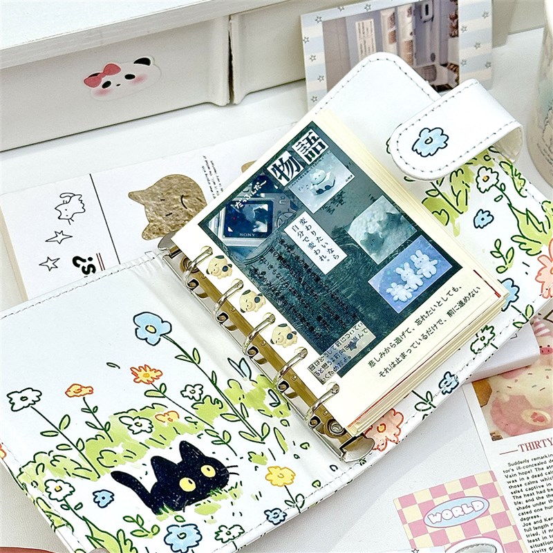 可爱花丛小猫M5手账本磁吸软皮活页本便捷随身笔记本日程本记事本