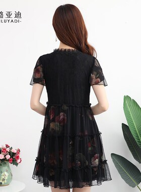 88920新款夏装黑色蕾丝连衣裙气质名媛短袖纱料裙大码裙子