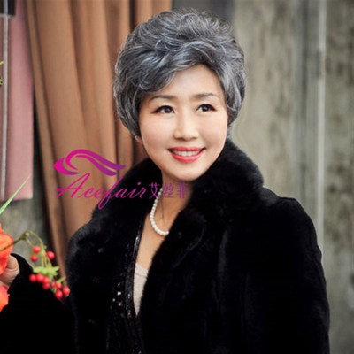 包邮中老年花白假发短发女慈祥妈妈花白色老年人奶奶款短卷发