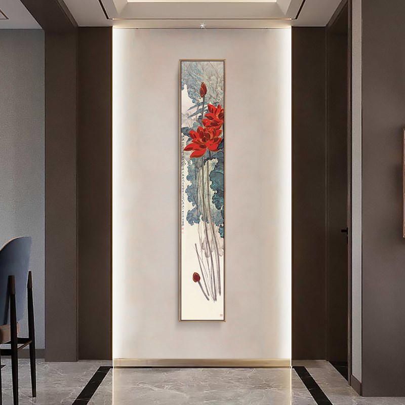 网红入户玄关装饰画新中式细长条形荷花窄款走廊过道楼梯水墨莲花图片