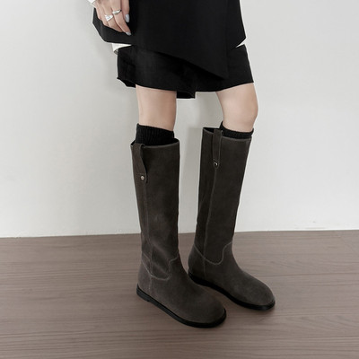 2025气质百搭时尚英伦风真皮厚底长筒靴圆头磨砂内增高骑士靴