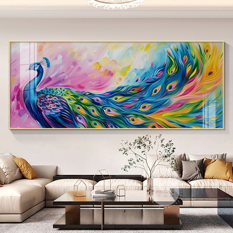 孔雀开屏客厅装饰画大芬村油画奶油肌理感富贵吉祥沙发背景墙挂画图片