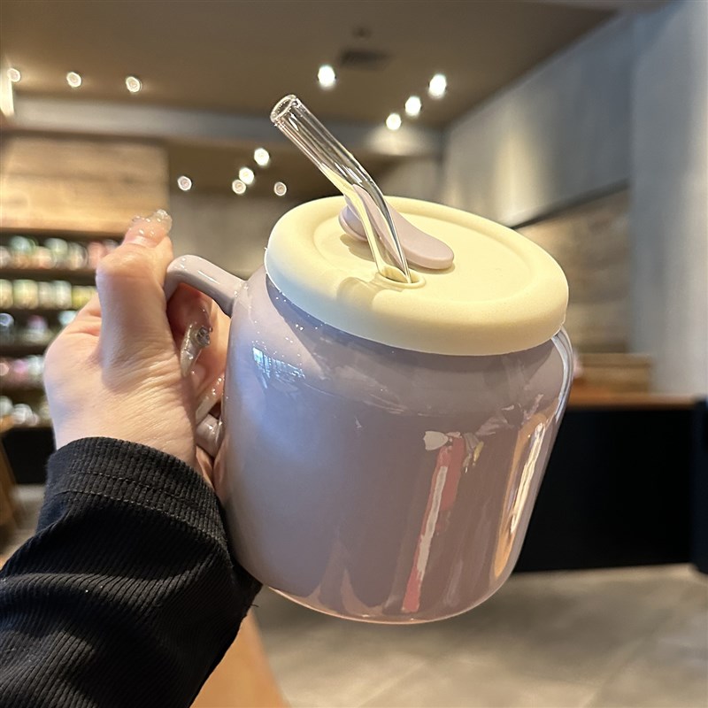 *老板娘自用*陶瓷吸管杯便携马克杯啵啵芋泥紫办公室家用水杯带盖