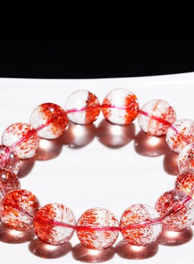 收藏级天然金草莓手链女款单圈超级七骨干云母片金草莓晶手串水晶