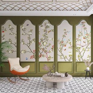 3d轻奢新中式 花鸟屏风壁纸复古国风墙纸卧室客厅电视背景无缝墙布