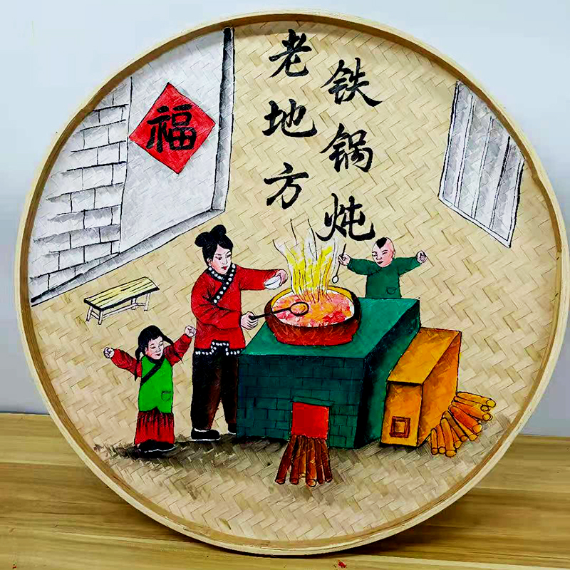 手绘竹编簸箕挂画农家乐农家院墙面装饰画农庄墙壁挂件墙上挂饰品图片