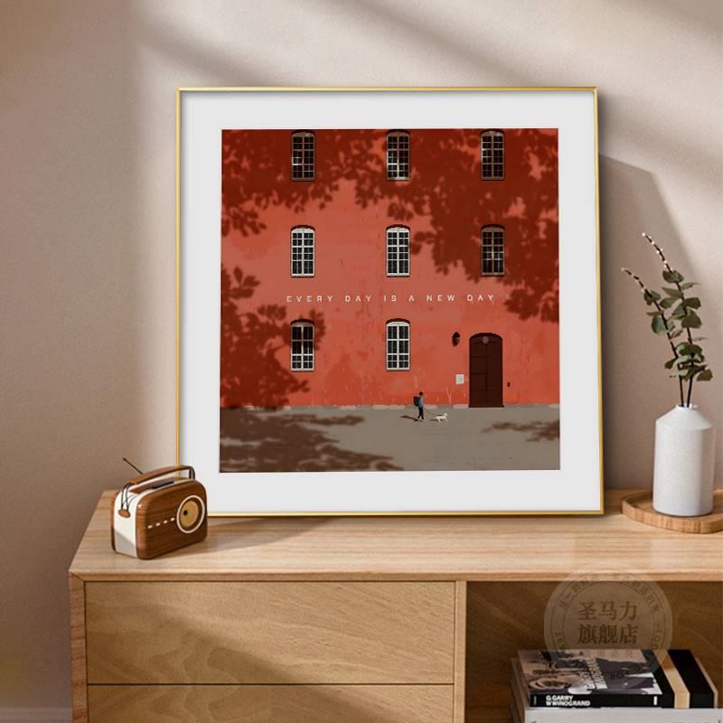 Every day is a new day极简装饰画红色建筑小众艺术客厅卧室挂画图片
